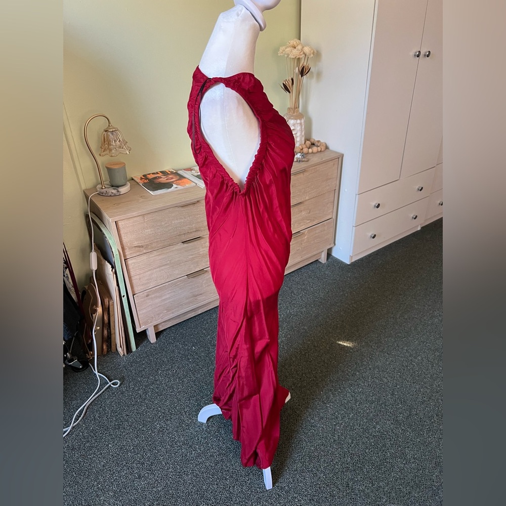 Maroon Red One Sleeve Shoulder Asymmetrical Midi Satin Formal Fancy Dress Sz L - Picture 15 of 16